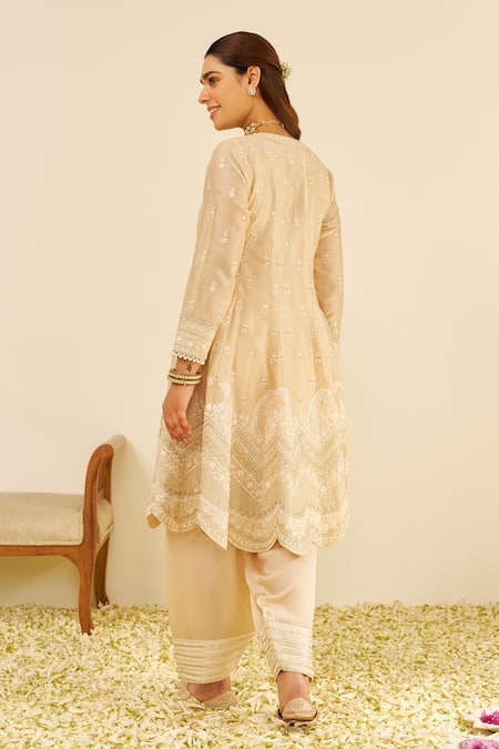 Shop Sheetal Batra Beige Chanderi Silk, Satin Embroidery Split V-neck Anarkali Set at Aza Fashions Shop_Sheetal Batra_Beige Chanderi Silk, Satin Embroidery Split V-neck Anarkali Set _at_Aza_Fashions
