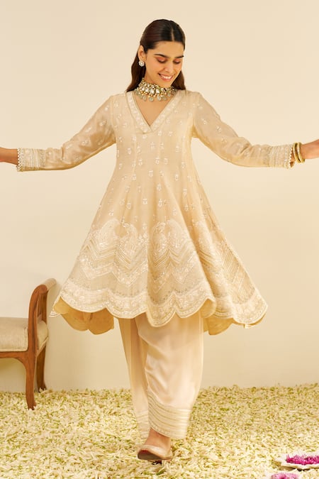 Sheetal Batra Beige Chanderi Silk, Satin Embroidery Split V-neck Anarkali Set Online at Aza Fashions Sheetal Batra_Beige Chanderi Silk, Satin Embroidery Split V-neck Anarkali Set _Online_at_Aza_Fashions