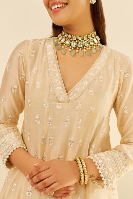 Buy Sheetal Batra Beige Chanderi Silk, Satin Embroidery Split V-neck Anarkali Set Online at Aza Fashions Buy_Sheetal Batra_Beige Chanderi Silk, Satin Embroidery Split V-neck Anarkali Set _Online_at_Aza_Fashions