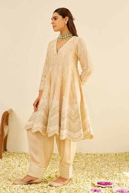Shop Sheetal Batra Beige Chanderi Silk, Satin Embroidery Split V-neck Anarkali Set Online at Aza Fashions Shop_Sheetal Batra_Beige Chanderi Silk, Satin Embroidery Split V-neck Anarkali Set _Online_at_Aza_Fashions