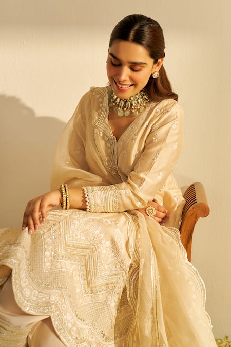 Shop Sheetal Batra Beige Chanderi , Organza Sequins, Embroidery Round Neck Anarkali Set at Aza Fashions Shop_Sheetal Batra_Beige Chanderi , Organza Sequins, Embroidery Round Neck Anarkali Set _at_Aza_Fashions