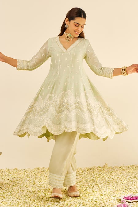 Sheetal Batra Mint Chanderi Silk Embroidery V-neck Green Anarkali Set Online at Aza Fashions Sheetal Batra_Mint Chanderi Silk Embroidery V-neck Green Anarkali Set _Online_at_Aza_Fashions