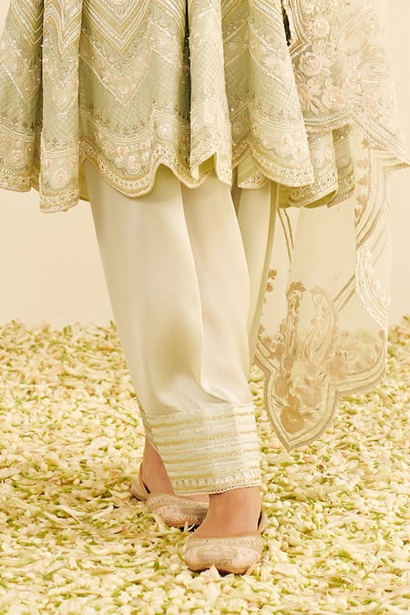 Sheetal Batra_Mint Chanderi , Organza Pearls, Embroidery Round Green Anarkali Set _Online_at_Aza_Fashions