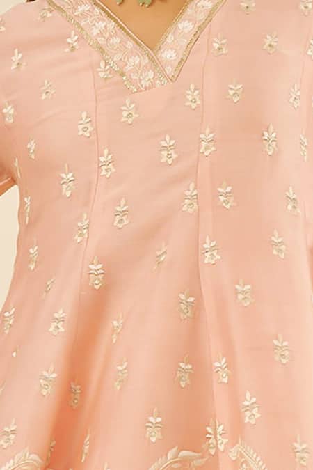 Sheetal Batra Pink Chanderi Silk Sequins, Embroidery V-neck Anarkali Set With Salwar Online at Aza Fashions Sheetal Batra_Pink Chanderi Silk Sequins, Embroidery V-neck Anarkali Set With Salwar _Online_at_Aza_Fashions