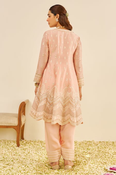 Shop Sheetal Batra Pink Chanderi Silk Sequins, Embroidery V-neck Anarkali Set With Salwar at Aza Fashions Shop_Sheetal Batra_Pink Chanderi Silk Sequins, Embroidery V-neck Anarkali Set With Salwar _at_Aza_Fashions