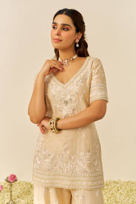 Sheetal Batra Beige Silk, Chanderi Embroidery, Sequins V-neck Kurta And Sharara Set Online at Aza Fashions Sheetal Batra_Beige Silk, Chanderi Embroidery, Sequins V-neck Kurta And Sharara Set _Online_at_Aza_Fashions