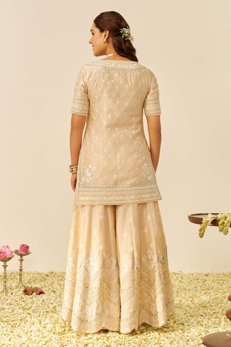 Shop Sheetal Batra Beige Silk, Chanderi Embroidery, Sequins V-neck Kurta And Sharara Set at Aza Fashions Shop_Sheetal Batra_Beige Silk, Chanderi Embroidery, Sequins V-neck Kurta And Sharara Set _at_Aza_Fashions