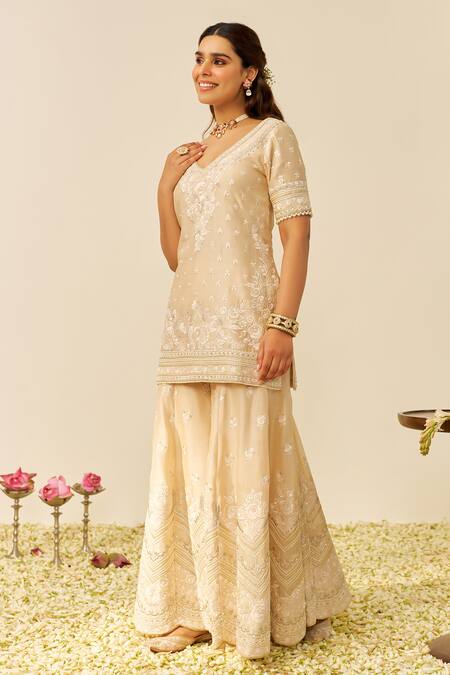 Buy Sheetal Batra Beige Silk, Chanderi Embroidery, Sequins V-neck Kurta And Sharara Set Online at Aza Fashions Buy_Sheetal Batra_Beige Silk, Chanderi Embroidery, Sequins V-neck Kurta And Sharara Set _Online_at_Aza_Fashions