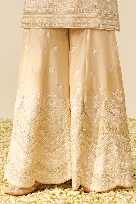Shop Sheetal Batra Beige Silk, Chanderi Embroidery, Sequins V-neck Kurta And Sharara Set Online at Aza Fashions Shop_Sheetal Batra_Beige Silk, Chanderi Embroidery, Sequins V-neck Kurta And Sharara Set _Online_at_Aza_Fashions