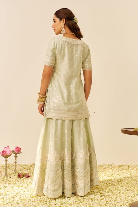 Shop Sheetal Batra Mint Silk, Chanderi Sequins, Zari, Embroidery V-neck Green Kurta And Sharara Set at Aza Fashions Shop_Sheetal Batra_Mint Silk, Chanderi Sequins, Zari, Embroidery V-neck Green Kurta And Sharara Set _at_Aza_Fashions