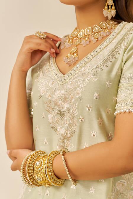 Sheetal Batra Mint Silk, Chanderi Sequins, Zari, Embroidery V-neck Green Kurta And Sharara Set Online at Aza Fashions Sheetal Batra_Mint Silk, Chanderi Sequins, Zari, Embroidery V-neck Green Kurta And Sharara Set _Online_at_Aza_Fashions