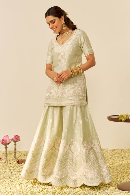 Shop Sheetal Batra Mint Silk, Chanderi Sequins, Zari, Embroidery V-neck Green Kurta And Sharara Set Online at Aza Fashions Shop_Sheetal Batra_Mint Silk, Chanderi Sequins, Zari, Embroidery V-neck Green Kurta And Sharara Set _Online_at_Aza_Fashions
