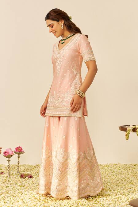 Sheetal Batra Pink Silk, Chanderi Sequins, Embroidery V-neck Off Rose Kurta And Sharara Set Online at Aza Fashions Sheetal Batra_Pink Silk, Chanderi Sequins, Embroidery V-neck Off Rose Kurta And Sharara Set _Online_at_Aza_Fashions