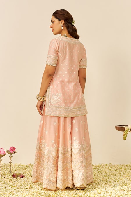 Shop Sheetal Batra Pink Silk, Chanderi Sequins, Embroidery V-neck Off Rose Kurta And Sharara Set at Aza Fashions Shop_Sheetal Batra_Pink Silk, Chanderi Sequins, Embroidery V-neck Off Rose Kurta And Sharara Set _at_Aza_Fashions