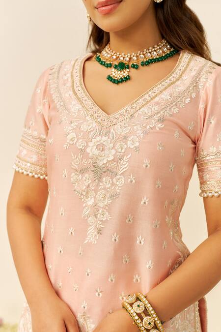 Buy Sheetal Batra Pink Silk, Chanderi Sequins, Embroidery V-neck Off Rose Kurta And Sharara Set Online at Aza Fashions Buy_Sheetal Batra_Pink Silk, Chanderi Sequins, Embroidery V-neck Off Rose Kurta And Sharara Set _Online_at_Aza_Fashions