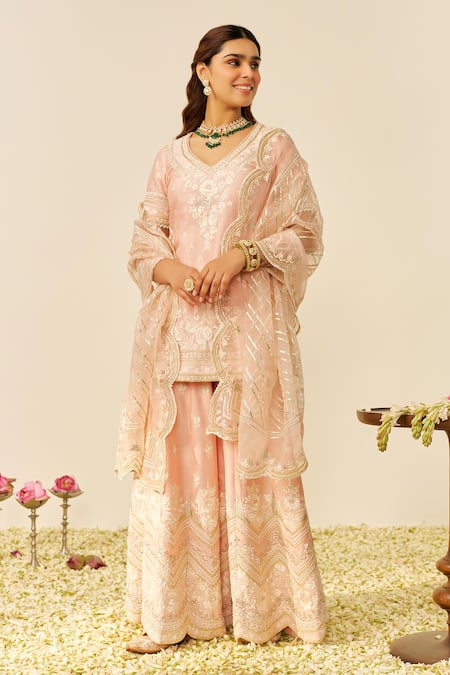 Shop Sheetal Batra Pink , Chanderi, Organza Sequins, Off Rose Kurta And Sharara Set at Aza Fashions Shop_Sheetal Batra_Pink , Chanderi, Organza Sequins, Off Rose Kurta And Sharara Set _at_Aza_Fashions