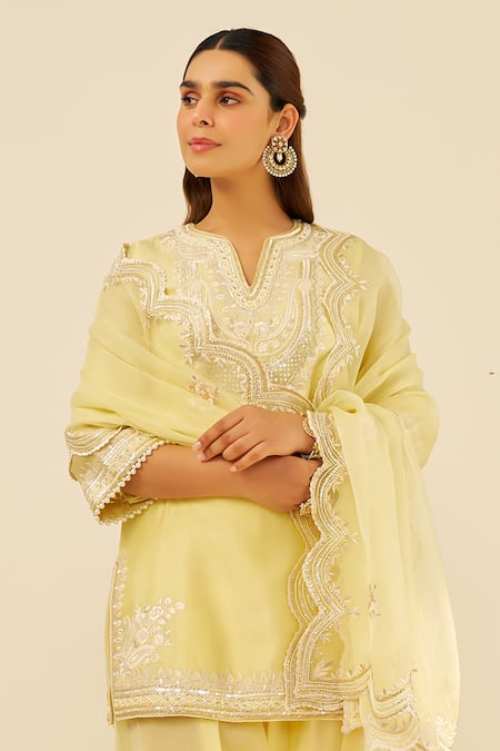 Shop Sheetal Batra Yellow Chanderi , Organza Embroidery Split V-neck Lemon Kurta Set at Aza Fashions Shop_Sheetal Batra_Yellow Chanderi , Organza Embroidery Split V-neck Lemon Kurta Set _at_Aza_Fashions