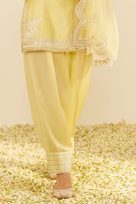 Sheetal Batra Yellow Chanderi , Organza Embroidery Split V-neck Lemon Kurta Set Online at Aza Fashions Sheetal Batra_Yellow Chanderi , Organza Embroidery Split V-neck Lemon Kurta Set _Online_at_Aza_Fashions