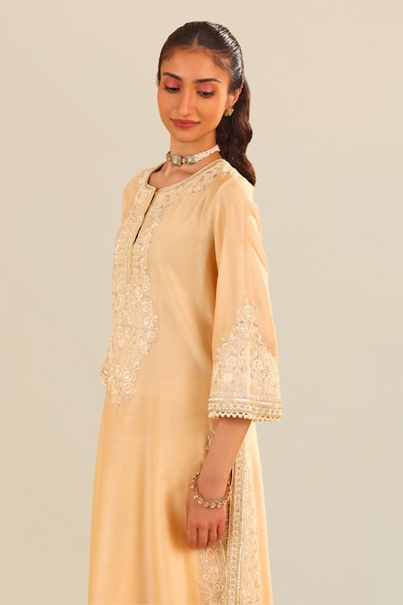 Sheetal Batra Beige Silk, Chanderi Embroidery Round Neck Kurta Set Online at Aza Fashions Sheetal Batra_Beige Silk, Chanderi Embroidery Round Neck Kurta Set _Online_at_Aza_Fashions
