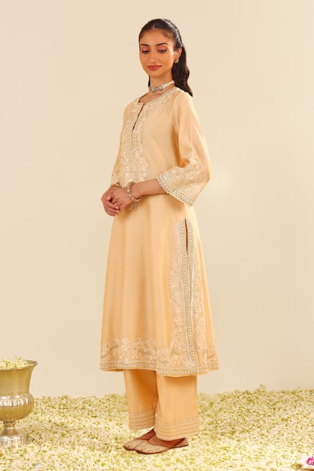 Shop Sheetal Batra Beige Silk, Chanderi Embroidery Round Neck Kurta Set Online at Aza Fashions Shop_Sheetal Batra_Beige Silk, Chanderi Embroidery Round Neck Kurta Set _Online_at_Aza_Fashions