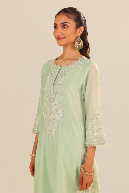 Sheetal Batra Mint Silk, Chanderi Embroidery Round Neck Green Kurta Set Online at Aza Fashions Sheetal Batra_Mint Silk, Chanderi Embroidery Round Neck Green Kurta Set _Online_at_Aza_Fashions