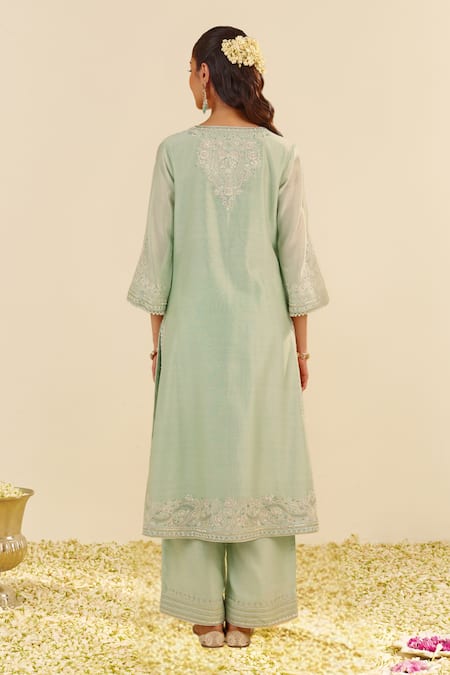 Shop Sheetal Batra Mint Silk, Chanderi Embroidery Round Neck Green Kurta Set at Aza Fashions Shop_Sheetal Batra_Mint Silk, Chanderi Embroidery Round Neck Green Kurta Set _at_Aza_Fashions