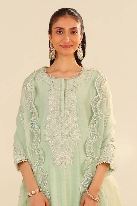 Sheetal Batra Mint Chanderi, , Organza Embroidery Round Neck Green Kurta Set Online at Aza Fashions Sheetal Batra_Mint Chanderi, , Organza Embroidery Round Neck Green Kurta Set _Online_at_Aza_Fashions