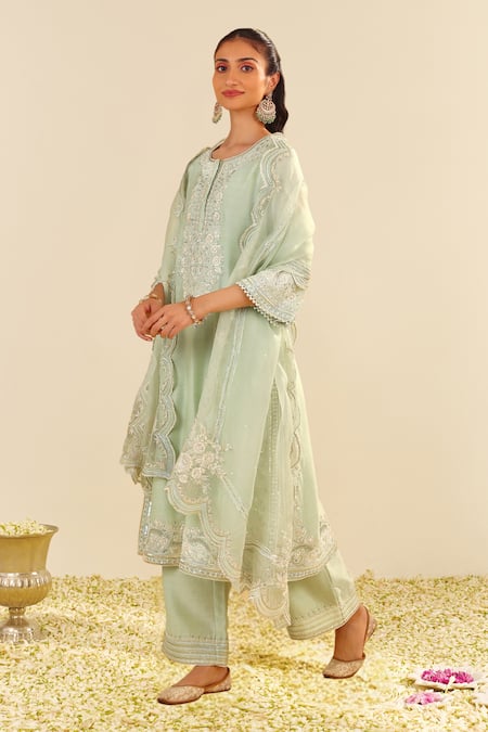 Shop Sheetal Batra Mint Chanderi, , Organza Embroidery Round Neck Green Kurta Set at Aza Fashions Shop_Sheetal Batra_Mint Chanderi, , Organza Embroidery Round Neck Green Kurta Set _at_Aza_Fashions