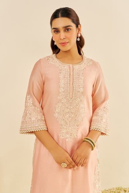 Sheetal Batra Pink Silk, Chanderi Embroidery Round Neck Kurta Set Online at Aza Fashions Sheetal Batra_Pink Silk, Chanderi Embroidery Round Neck Kurta Set _Online_at_Aza_Fashions