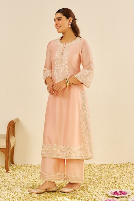Shop Sheetal Batra Pink Silk, Chanderi Embroidery Round Neck Kurta Set at Aza Fashions Shop_Sheetal Batra_Pink Silk, Chanderi Embroidery Round Neck Kurta Set _at_Aza_Fashions