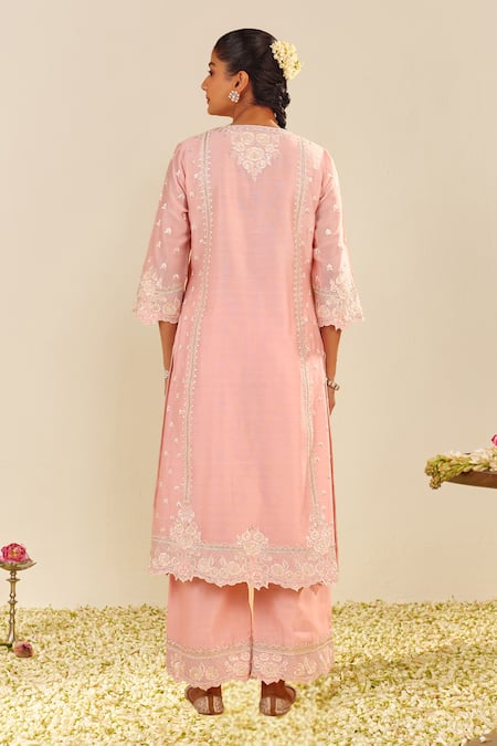 Shop Sheetal Batra Blush Silk, Chanderi Sequins, Embroidery Split V-neck Pink Kurta Set at Aza Fashions Shop_Sheetal Batra_Blush Silk, Chanderi Sequins, Embroidery Split V-neck Pink Kurta Set _at_Aza_Fashions