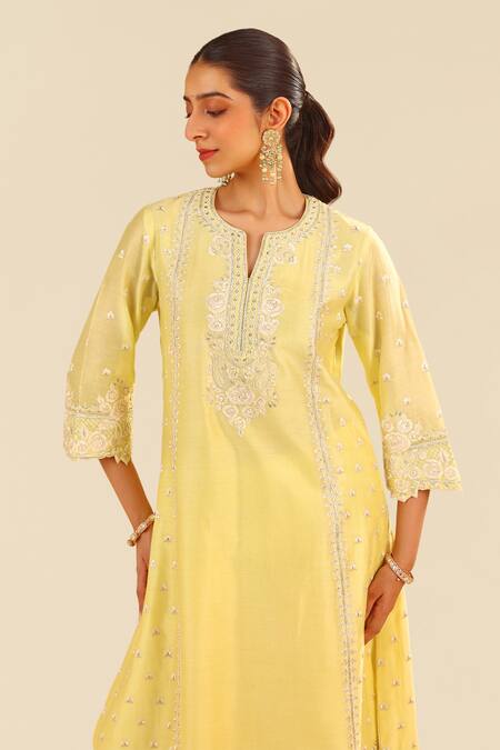 Buy Sheetal Batra Yellow Silk, Chanderi Sequins, Embroidery Split V-neck Kurta Set Online at Aza Fashions Buy_Sheetal Batra_Yellow Silk, Chanderi Sequins, Embroidery Split V-neck Kurta Set _Online_at_Aza_Fashions