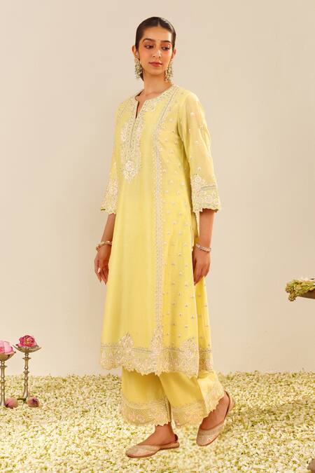 Shop Sheetal Batra Yellow Silk, Chanderi Sequins, Embroidery Split V-neck Kurta Set Online at Aza Fashions Shop_Sheetal Batra_Yellow Silk, Chanderi Sequins, Embroidery Split V-neck Kurta Set _Online_at_Aza_Fashions