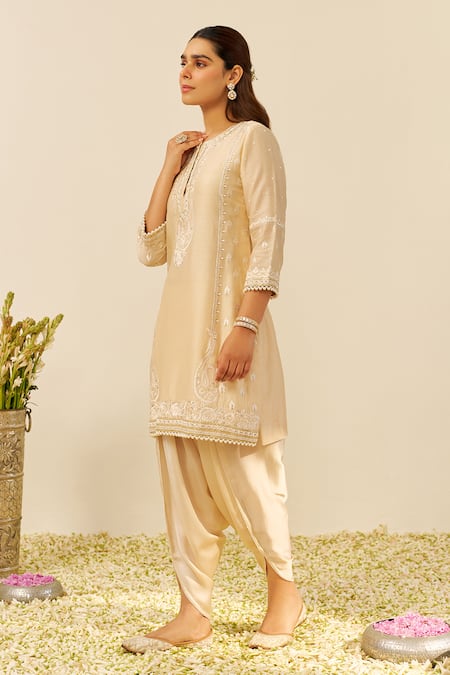 Buy_Sheetal Batra_Beige Chanderi Silk, Satin Embroidery Round Neck Kurta And Dhoti Pant Set _Online_at_Aza_Fashions