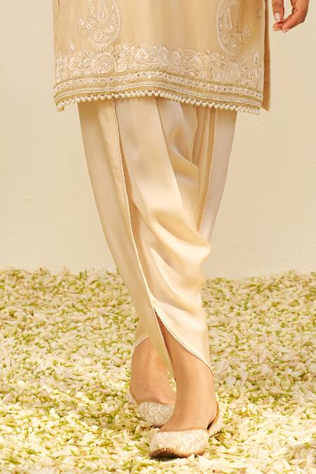 Shop_Sheetal Batra_Beige Chanderi Silk, Satin Embroidery Round Neck Kurta And Dhoti Pant Set _Online_at_Aza_Fashions