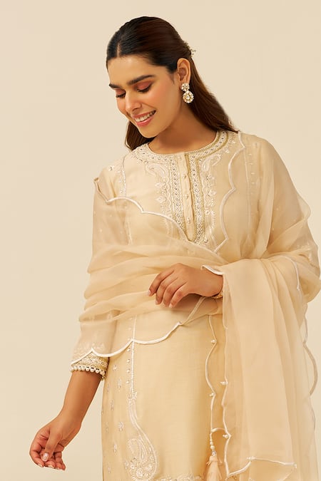 Shop Sheetal Batra Beige Chanderi , Satin, Organza Embroidery Round Neck Kurta Set at Aza Fashions Shop_Sheetal Batra_Beige Chanderi , Satin, Organza Embroidery Round Neck Kurta Set _at_Aza_Fashions