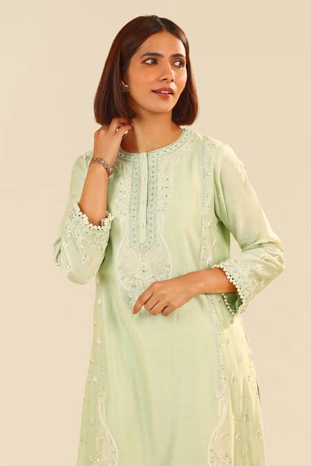 Sheetal Batra Mint Chanderi Silk, Satin Embroidery Round Neck Green Kurta Set Online at Aza Fashions Sheetal Batra_Mint Chanderi Silk, Satin Embroidery Round Neck Green Kurta Set _Online_at_Aza_Fashions