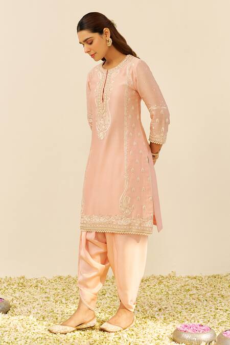 Sheetal Batra_Pink Chanderi Silk Embroidery Round Neck Off Rose Kurta Set _Online_at_Aza_Fashions