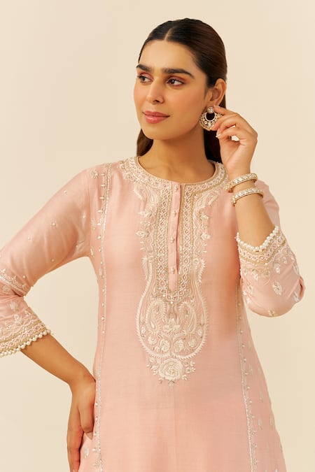Buy_Sheetal Batra_Pink Chanderi Silk Embroidery Round Neck Off Rose Kurta Set _Online_at_Aza_Fashions