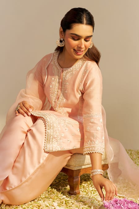 Shop Sheetal Batra Pink Chanderi , Satin, Organza Embroidery Round Neck Kurta Set at Aza Fashions Shop_Sheetal Batra_Pink Chanderi , Satin, Organza Embroidery Round Neck Kurta Set _at_Aza_Fashions