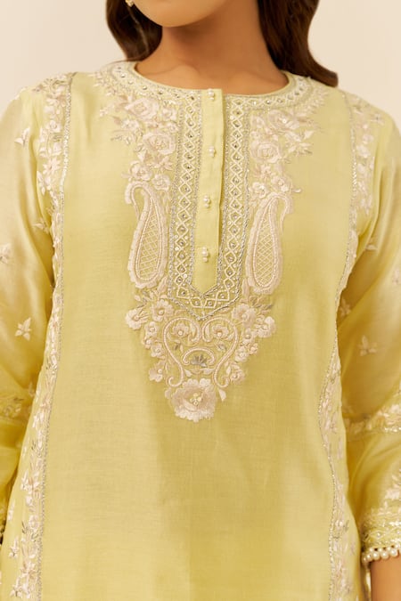 Sheetal Batra Yellow Chanderi Silk, Satin Embroidery Round Neck Lemon Kurta Set Online at Aza Fashions Sheetal Batra_Yellow Chanderi Silk, Satin Embroidery Round Neck Lemon Kurta Set _Online_at_Aza_Fashions