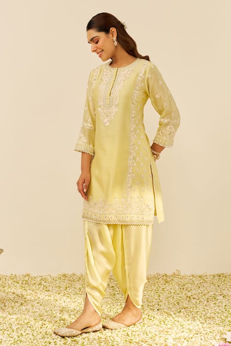 Buy Sheetal Batra Yellow Chanderi Silk, Satin Embroidery Round Neck Lemon Kurta Set Online at Aza Fashions Buy_Sheetal Batra_Yellow Chanderi Silk, Satin Embroidery Round Neck Lemon Kurta Set _Online_at_Aza_Fashions