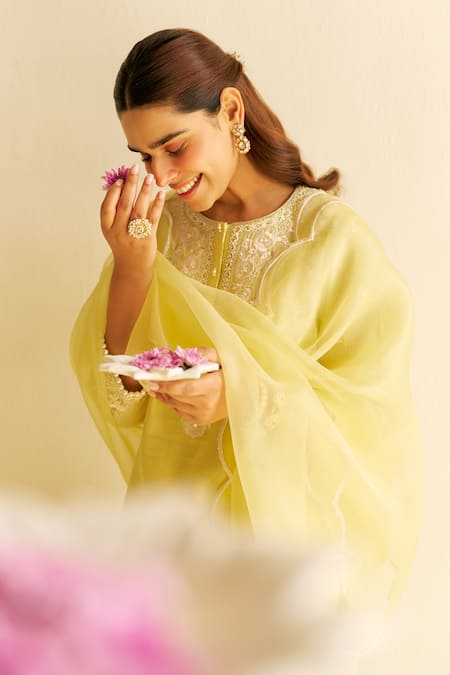 Sheetal Batra Chanderi Silk Lemon Yellow Kurta Set 