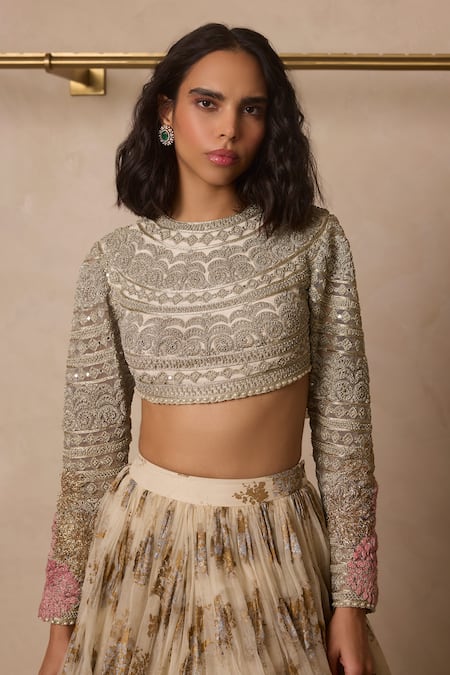 Bhumika Sharma_Ivory Organza, Net Embroidery Round Neck Sylvia Print Lehenga Set _Online_at_Aza_Fashions