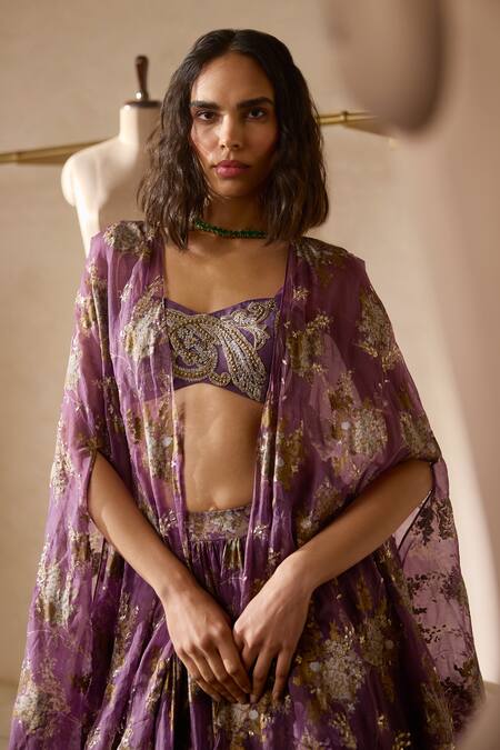 Bhumika Sharma_Purple Organza, Net Embroidery, Zari Scoop Plum Sylvia Print Lehenga And Cape Set _Online_at_Aza_Fashions