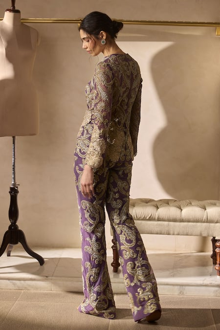 Bhumika Sharma Embroidered Plum Jacket & Pants Set 