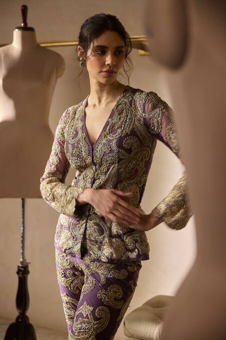 Bhumika Sharma_Purple Net Embroidery V-neck Plum Jacket And Pants Set _Online_at_Aza_Fashions