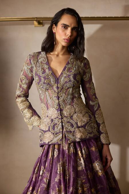Bhumika Sharma_Purple Net, Organza Embroidery V-neck Plum Jacket And Lehenga Set _Online_at_Aza_Fashions