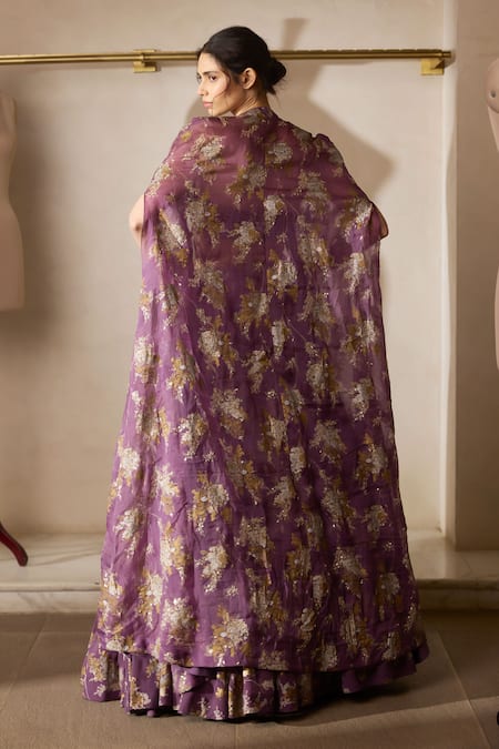 Bhumika Sharma Plum Sylvia Print Cape & Lehenga Set 