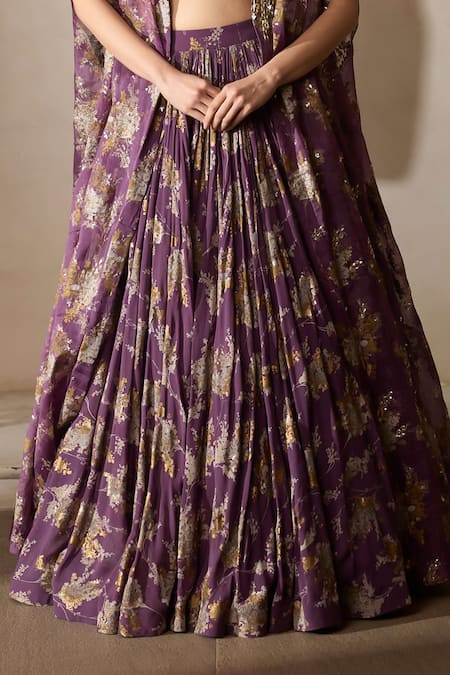 Bhumika Sharma_Purple Organza, Georgette Zari, Embroidery Plum Sylvia Print Cape And Lehenga Set _Online_at_Aza_Fashions